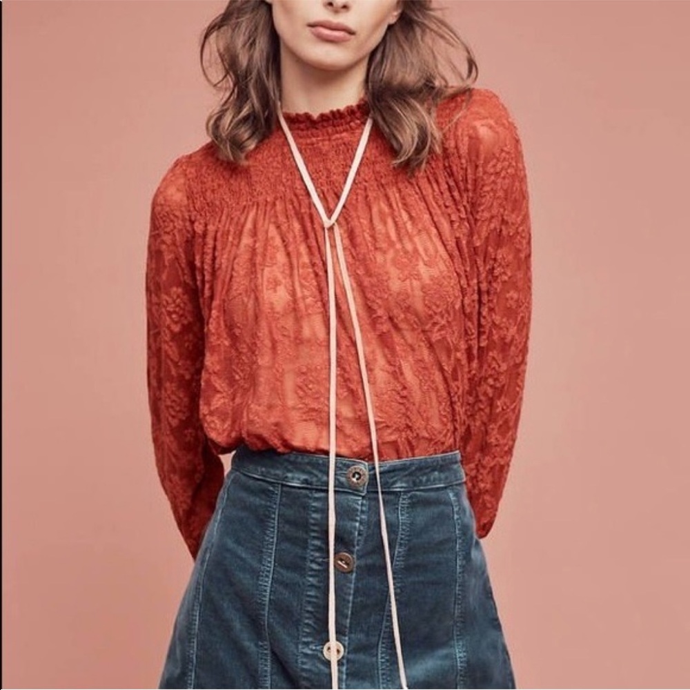Anthropologie Sz XL Lace Mockneck Blouse by Deletta EUC